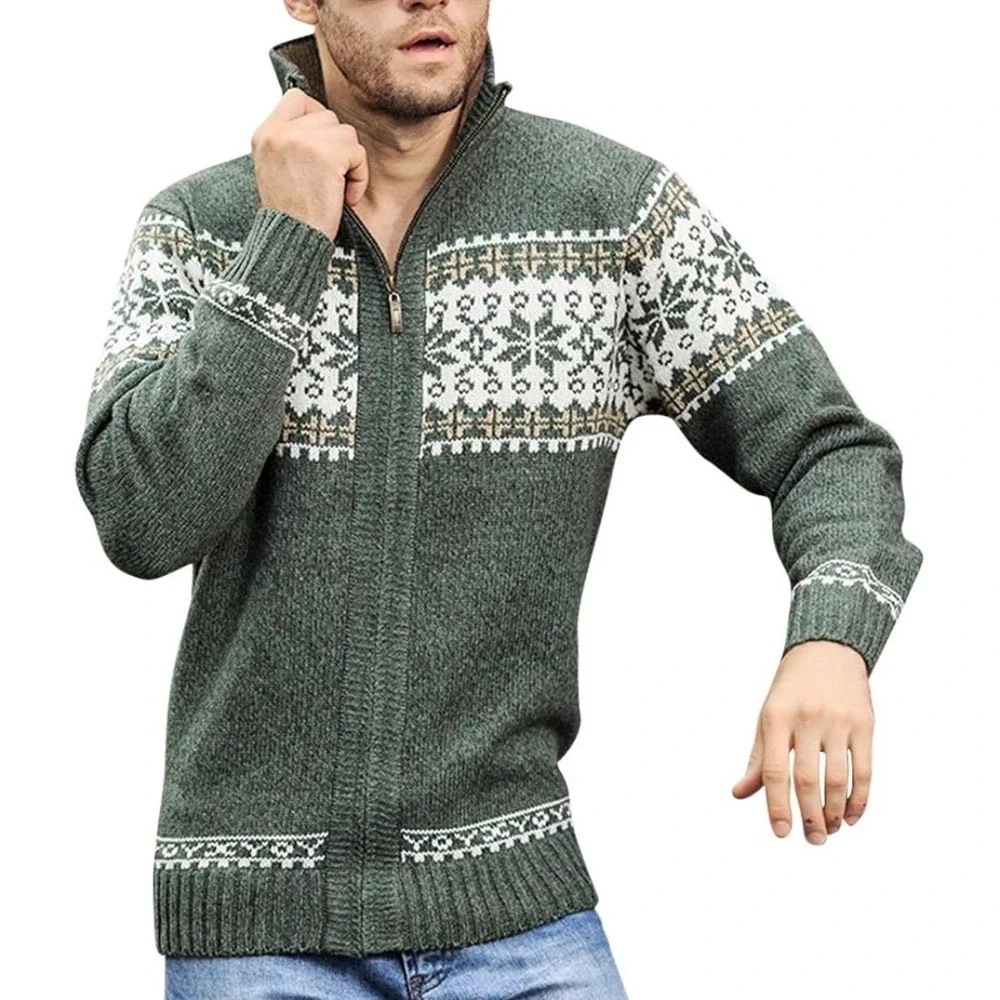 Mens Fair Isle Snowflake Zip Up Sweater Jacket Green‎ Tan White Size M Winter